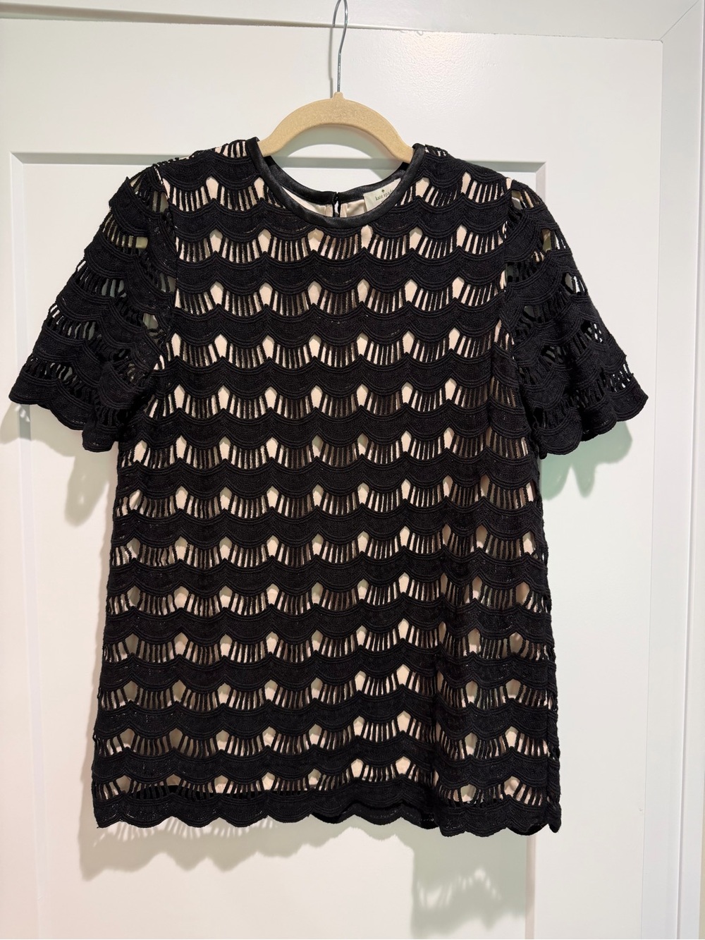 like New kate spade Black Scalloped Crochet Overlay Short Sleeve Top Medium